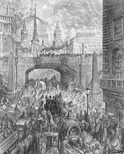 Ludgate Hill, z „Londyn, pielgrzymka”, napisane przez Williama Blancharda Jerrolda (1826-94) wyd. 1872 (grawerowanie) autorstwa Gustave Dore