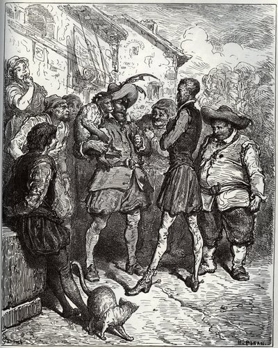 Maese Pedro i małpa wróżbiąca - z „Don Kichota z Manchy” Miguela Cervantesa (1547-1616) (Don Kichota) - Drzeworyt wg rysunku Gustave