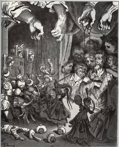 Przedstawienie kukiełkowe Maese Pedro - z „Don Kichota z Manchy” Miguela Cervantesa (1547-1616) (Don Kichota) - Drzeworyt wg rysunku Gustave