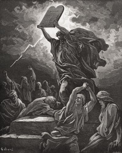 Mojżesz łamiący tablice prawa, Księga Wyjścia 32:19, ilustracja z „The Holy Bible” Dore