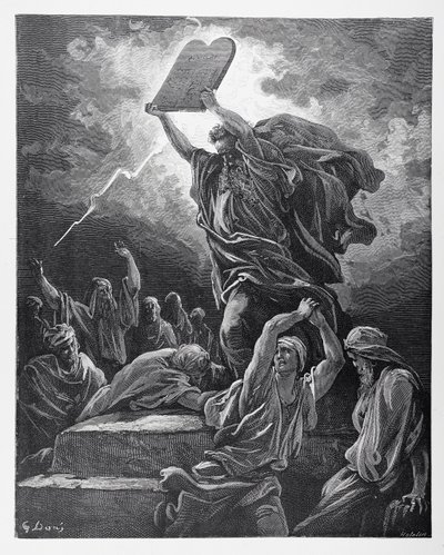 Mojżesz łamiący tablice prawa, rytowane przez Hotelina, ok. 1868 r. autorstwa Gustave Dore