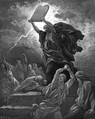 Mojżesz łamie tablice prawa, grawerując. - Biblia autorstwa Gustave Dore