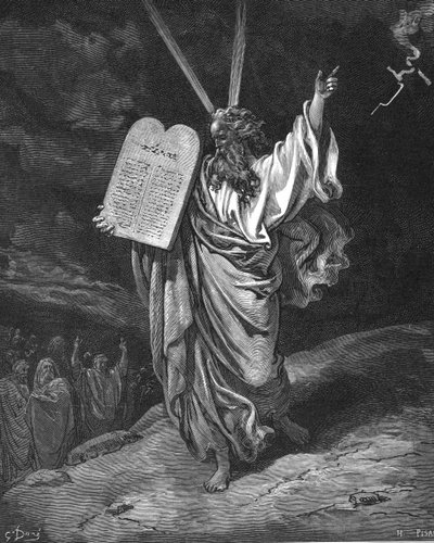 Mojżesz schodzący z góry Synaj z tablicami Prawa (Dziesięć Przykazań). Wyjścia 5.35. Ilustracja Gustave