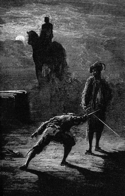 Nocny pojedynek w świetle księżyca pomiędzy baronem de Sigognac i Jacqueminem Lampourde, pod konnym posągiem Króla z Brązu. Rycina Gustave