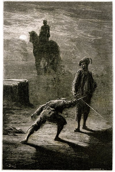 Nocny pojedynek w świetle księżyca między baronem de Sigognac i Jacqueminem Lampourde, pod konnym posągiem króla z brązu. Rycina Gustave