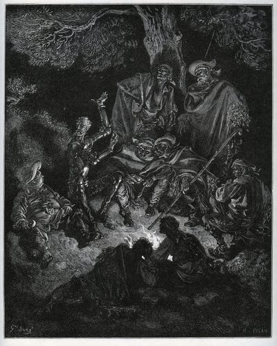 Lampka nocna, w której Don Kichot opowiada historię świata kozom i Sancho Pansa – z „Don Kichota z Manchy” Miguela Cervantesa (1547-1616) (Don Kichota) – Drzeworyt wg rysunku Gustave