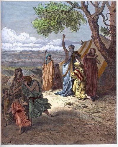 Noah odjeżdżający szynką - Noe przeklina Ham - Klątwa Cham - Patriarcha Noe przeklina swojego wnuka Kanaana za błąd popełniony przez jego ojca Chama na górze Ararat - grawerunek w „The Bible Illustree” Gustave Dore (1832-1883) - Grawerowanie z „” The Dor autorstwa Gustave Dore