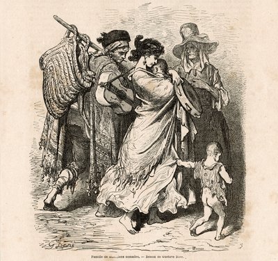 Nomadzka rodzina muzyków (grawerunek) autorstwa Gustave Dore