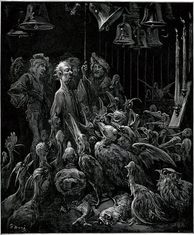 Na wyspie Sonnante Panurge sprawia, że ptaki śpiewają, bijąc w dzwony - ilustracja Gustave