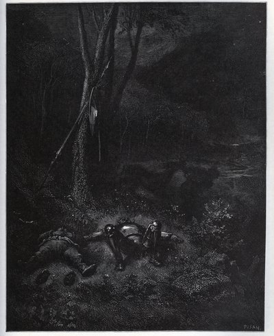 Jeden z uciekinierów, Gines de Passamont, podczas snu dwóch podróżników kradnie osła Sancho Pansa - z „Don Kichota z Manchy” Miguela Cervantesa (1547-1616) (Don Kichota) - Drzeworyt wg rysunku Gustave