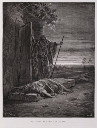 Oburzenie w Gibea, Lewita niesie swoją martwą konkubinę, ilustracja z Biblii Dore