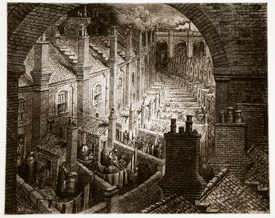 Over London – koleją, z „Londyn, a pielgrzymka”, napisany przez Williama Blancharda Jerrolda (1826-94) i wygrawerowany przez Pannemakera, wyd. 1872 autorstwa Gustave Dore