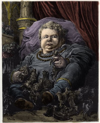 Pantagruel, syn Gargantui, karmi się mlekiem 4600 krów - Pantagruel, syn Gargantui, karmi się mlekiem 4600 krów - ilustracja z "Gargantua i Pantagruel", autorstwa Francois Rabelais - rycina Gustave Dore (1832-1883) ) autorstwa Gustave Dore