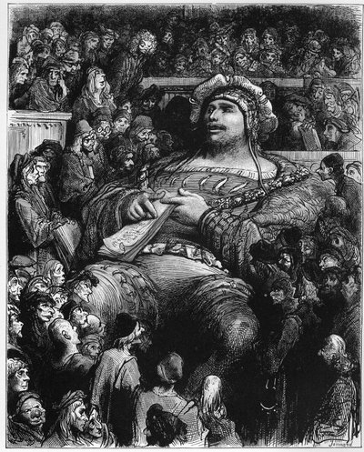 Pantagruel sprawdza swoje nastroje w walce z paryskimi naukowcami - ilustracja z "Gargantua i Pantagruel", autorstwa Francois Rabelais - rycina Gustave Dore (1832-1883) autorstwa Gustave Dore