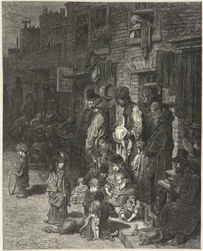 Ludzie stojący i siedzący przed swoimi domami, na ulicy, z „Londynu: pielgrzymka”, Williama Blancharda Jerrolda autorstwa Gustave Dore