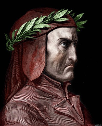 Portret Dantego Alighieri (1265-1321), włoskiego pisarza. Grawer Gustave Doré z 1860 roku. autorstwa Gustave Dore