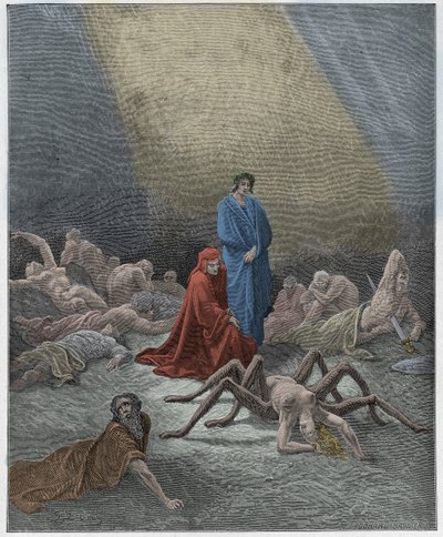 Purgatorio, Canto 12: Dante widzi duszę Arachne, ilustracja z „Boskiej komedii” Dantego Alighieri, 1885 autorstwa Gustave Dore