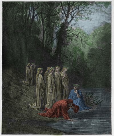 Purgatorio, Canto 33: Dante pije z rzeki Eunoe, ilustracja z „Boskiej komedii” Dantego Alighieri, 1885 autorstwa Gustave Dore
