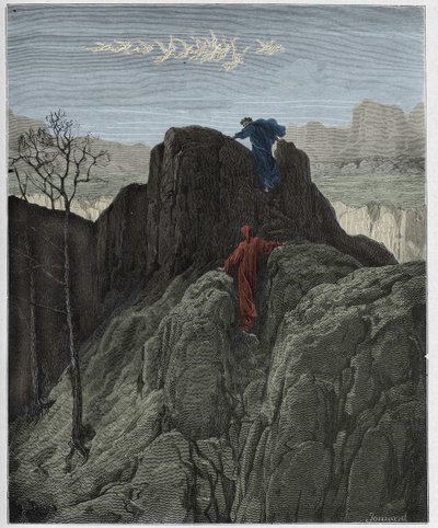 Purgatorio, Canto 4: Wergiliusz prowadzi Dantego na surowe zbocze góry, ilustracja z „Boskiej komedii” Dantego Alighieri, 1885 autorstwa Gustave Dore