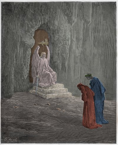 Purgatorio, Canto 9: Dante i Wergiliusz na portalach czyśćca, ilustracja z „Boskiej komedii” Dantego Alighieri, 1885 autorstwa Gustave Dore