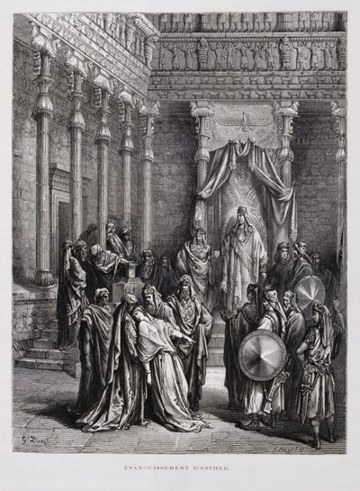 Królowa Estera mdleje przed królem, ilustracja z Biblii Dore