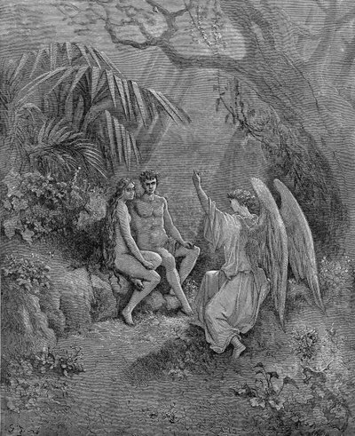 Rafał rozmawia z Adamem i Ewą. Ilustracja do Raju utraconego Johna Miltona, 1866 r autorstwa Gustave Dore