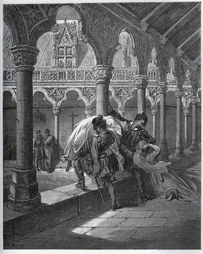 Recytacja Don Fernanda; zabiera Luscinde z klasztoru, w którym się schroniła - przed „Don Kichotem z Manchy” Miguela Cervantesa (1547-1616) (Don Kichota) - Drzeworyt wg rysunku Gustave