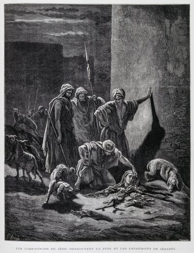 Szczątki królowej Jezebel po tym, jak została wyrzucona z okien pałacu, ilustracja z Biblii Dore