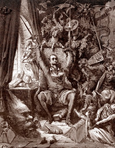 Representação de Dom Quixote em sua biblioteca rodeado pelas criaturas de seus livros Gravura de Gustave Dore (1832-1883) para “L