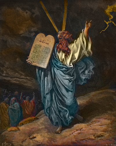 Przedstawienie Mojżesza z nowymi Tablicami Prawa na Górze Synaj - rycina Gustave Dore (1832-1883) - późniejsza kolorystyka autorstwa Gustave Dore