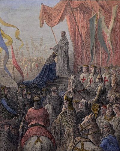 Św. Bernard de Clairvaux (San Bernardo di Chiaravalle, Bernard de Fontaine 1090-1153) głoszący drugą krucjatę w obecności króla Ludwika VII i królowej Alienor Akwitanii i opata Sugera (Suger de Saint Denis autorstwa Gustave Dore