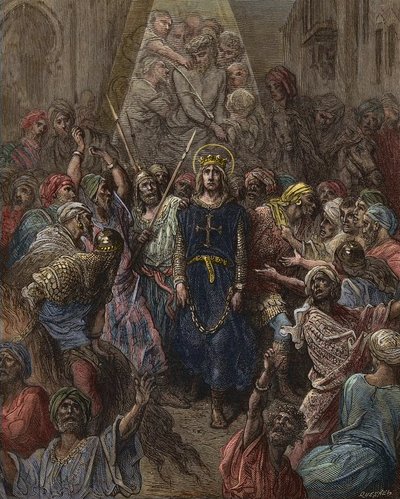 Św. Ludwik wzięty do niewoli w Mansoura, podczas VII krucjaty w 1250 r. - Król Ludwik IX (1214-70) do niewoli w Egipcie - rycina Gustave Dore - z Historii wypraw krzyżowych Josepha-Francois Michauda autorstwa Gustave Dore