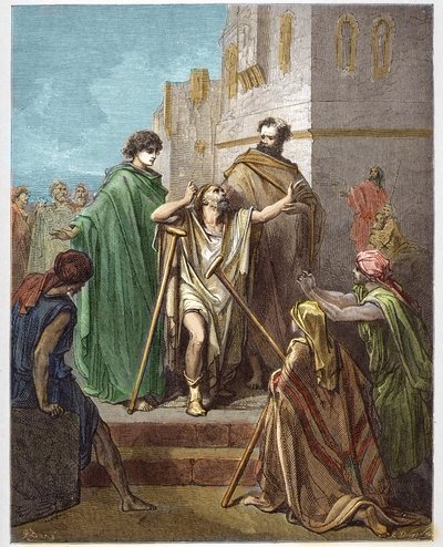 Święty Piotr i Święty Jan uzdrawiający ostrze - Guerison chromych - Święty Piotr w towarzystwie św. Jana cudownie walczył z chromym człowiekiem w Jerozolimie - - grawerowanie w „Ilustracji Biblii” Gustave
