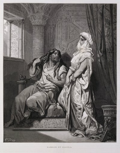 Samson i Delilah, rozdział 16 Księgi Sędziów Starego Testamentu, ilustracja z Biblii Dore