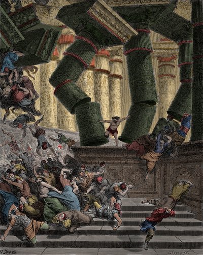 Samson niszcząc Świątynię Dagona Grawerunek Gustave Dore (1832-1883) autorstwa Gustave Dore