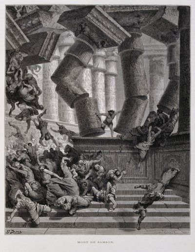 Samson niszczy świątynię Baala, ilustracja z Biblii Dore