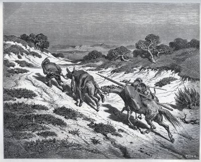 Sancho Pansa, Don Kichot i ich wierzchowce po klęsce z Yangerami – z „Don Kichota de la Mancha” Miguela Cervantesa (1547-1616) (Don Kichota) – Drzeworyt według rysunku Gustave