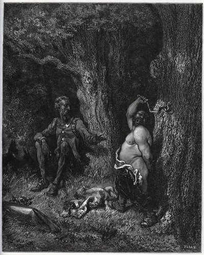 Sancho Pansa leci przed Don Kichotem, aby spełnić życzenie Merlina i tym samym odczarować Dulcinee od Toboso. Don Kichot nakłania go do umiarkowania jego zapału – z „Don Kichota z Manchy” Miguela Cervantesa (1547-1616) (Don Kichota) – Drzeworyt autorstwa Gustave Dore