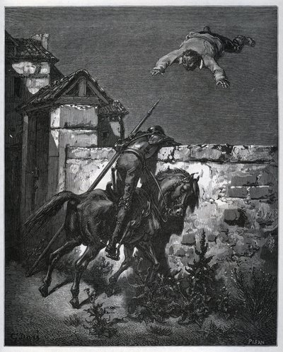 Sancho Pansa zostaje oszukany, a Don Kichot nie może interweniować – z „”Don Kichota z Manchy”” Miguela Cervantesa (1547-1616) (Don Kichota) – Drzeworyt według rysunku Gustave