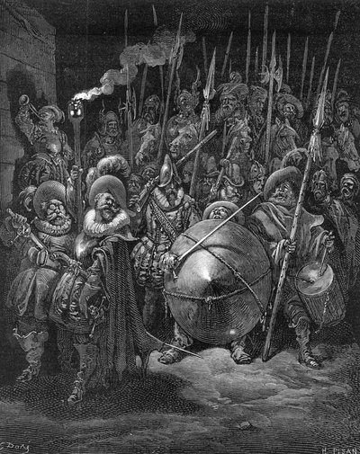 Sancho i Rycerze, z „Don Kichota z Manchy” Miguela Cervantesa, ryty przez Heliodore Josepha Pisana, ok. 1875 autorstwa Gustave Dore