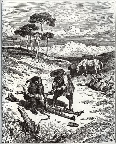 Sancho i kuzyn wyciągają Don Kichota (śpiącego) z jaskini Montesinosa - z „Don Kichota de la Mancha” Miguela Cervantesa (1547-1616) (Don Kichota) - Drzeworyt wg rysunku Gustave