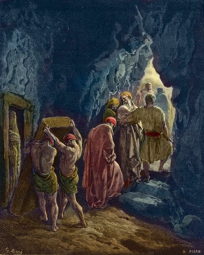 Śmierć Sary ma 127 lat - Pogrzeb żony Abrahama, Sarah - - rycina Gustave Dore - późniejsza kolorystyka autorstwa Gustave Dore