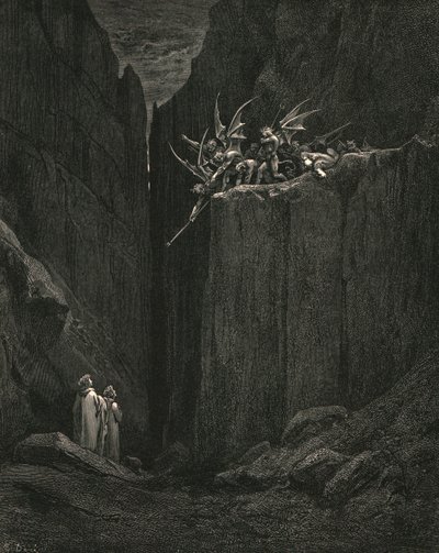 Ledwie jego stopy sięgnęły do najniższego łóżka poniżej, około 1890 roku. autorstwa Gustave Dore