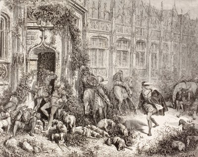 Scena ze Śpiącej królewny Charlesa Perraulta. Z El Mundo Ilustrado, opublikowanego w Barcelonie, około 1880 roku. autorstwa Gustave Dore