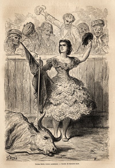 Scena walki byków: triumf Teresy Bolsi, andaluzyjskiej torrery, pozdrawiająca zgromadzenie, które go wielbią w Sewilli. Szkic wykonany na żywo przez Gustave Dore (1832-1883). Grawerowanie ilustrujące podróż w Hiszpanii, w 1862 przez Charlesa Davilliera i G autorstwa Gustave Dore