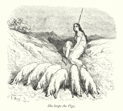 Ona trzyma świnie (grawerunek) autorstwa Gustave Dore