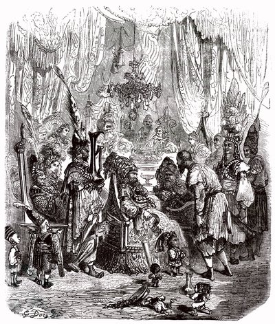 Sindbad żeglarz (Sinbad) - opowieść o tysiącu i jednej (1001) nocy - ilustracja Gustave Dore - wydanie Maxwell 1865 - Prolog: biedny nosiciel (Hinbad) przedstawia się Sindbadowi, który stał się stary i bogaty. Ten ostatni opowie swoją przygodę autorstwa Gustave Dore