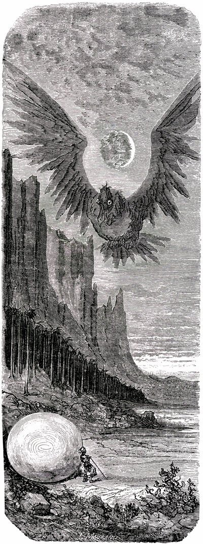 Sindbad żeglarz (Sinbad) - baśń tysiąca i jednej (1001) nocy - ilustracja Gustave Dore - wydanie Maxwell 1865 - Druga podróż: Sindbad odkrywszy na wyspie ogromne jajo gigantycznego ptaka Roca zostaje przez niego zaatakowany - przyp. tłum. autorstwa Gustave Dore