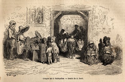 Szkic wykonany na żywo: żebracy w Valpadenas (Channel). Grawer ilustrujący podróż do Hiszpanii autorstwa Gustave Dore (1832-1883) ilustratora i barona Ch. Reaktor Davillier, w 1862 r., opublikowany w „Le tour du monde, nouveau journal des voyages”, pod autorstwa Gustave Dore