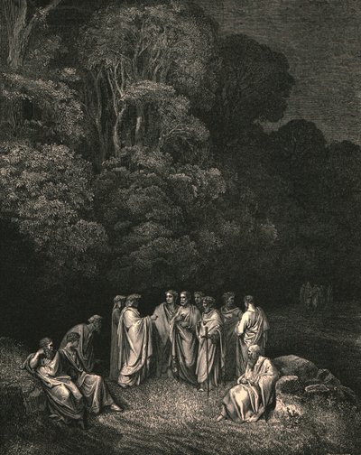 Ujrzałem więc zjednoczoną jasną szkołę jego monarchy najwznioślejszej pieśni, ok. 1890 r. autorstwa Gustave Dore